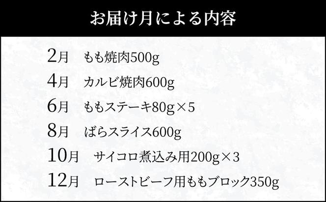 6か月　月決め商品　定期便（偶数月チョイス）  [肉 牛肉 神戸牛 最高級肉 神戸ビーフ 神戸肉 但馬牛 もも カルビ スライス ローストビーフ 焼肉 すき焼き ステーキ 食べ比べ お取り寄せ 加東市 兵庫県]