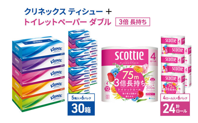 ティッシュ クリネックス ティシュー（5箱入×6パック）ボックスティッシュ ＋トイレットペーパー ダブル 3倍 長持ち （4ロール入×6パック） スコッティ フラワーパック 香り付き 3倍巻き 節約 日用品 消耗品 備蓄 備蓄品 備蓄用 防災 災害