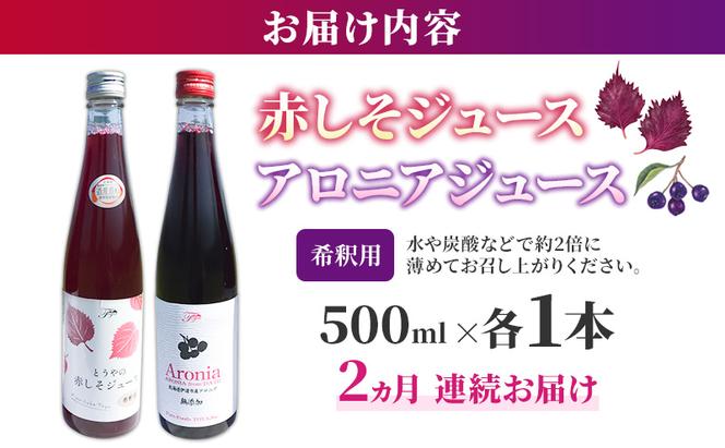 2ヵ月連続お届け 北海道 とうやの 赤しそ アロニア ジュース 希釈用 500ml×各1本入り シソ しそ 大葉赤紫蘇 濃縮 飲料 飲み物 ピュアフーズとうや 送料無料