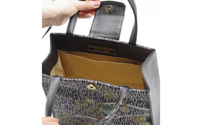 珠陽工芸トートバッグ　牛革コンビ黒葡萄柄　鞄 カバン レディース 東京 工芸品 自立型 牛革 ファッション 洋装 和装 雑貨