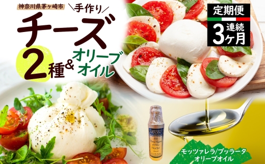 【ふるさと納税】3ヶ月定期便 フレッシュチーズ 2種 オリーブオイル セット モッツァレラ 100g 2個 ブッラータ 160g 1個 オリーブオイル 100ml チーズ おつまみ 送料無料 神奈川県 茅ヶ崎市