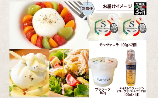 【ふるさと納税】3ヶ月定期便 フレッシュチーズ 2種 オリーブオイル セット モッツァレラ 100g 2個 ブッラータ 160g 1個 オリーブオイル 100ml チーズ おつまみ 送料無料 神奈川県 茅ヶ崎市