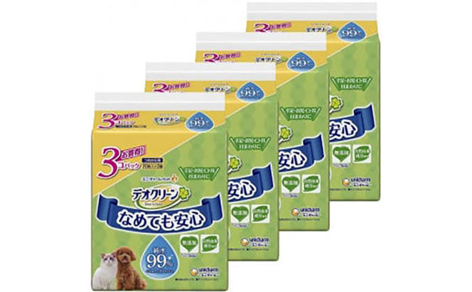 なめても安心 ペット用 ウェットティッシュ セット (3個パック) 4個入 ノンアルコール 香料不使用 自然由来成分使用 純水99％ 犬 猫 ペット お散歩 お出かけ 拭き 手口ふき 消耗品 日用品 清潔 ユニ・チャーム
