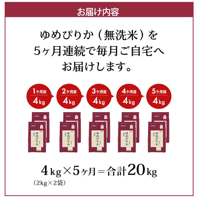 5ヵ月 定期便 (無洗米4kg)ホクレンゆめぴりか(無洗米2kg×2袋)袋はチャック付 米 お米 白米 ごはん ご飯 ライス 和食 炭水化物 主食 おにぎり お弁当  [JA新おたる] 