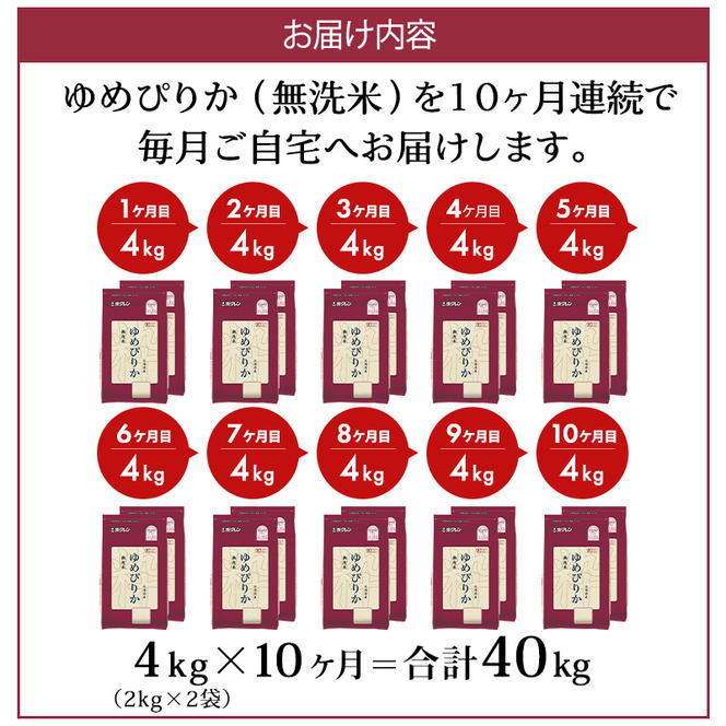 10ヵ月 定期便 (無洗米4kg)ホクレンゆめぴりか(無洗米2kg×2袋)袋はチャック付 米 お米 白米 ごはん ご飯 ライス 和食 炭水化物 主食 おにぎり お弁当  [JA新おたる] 