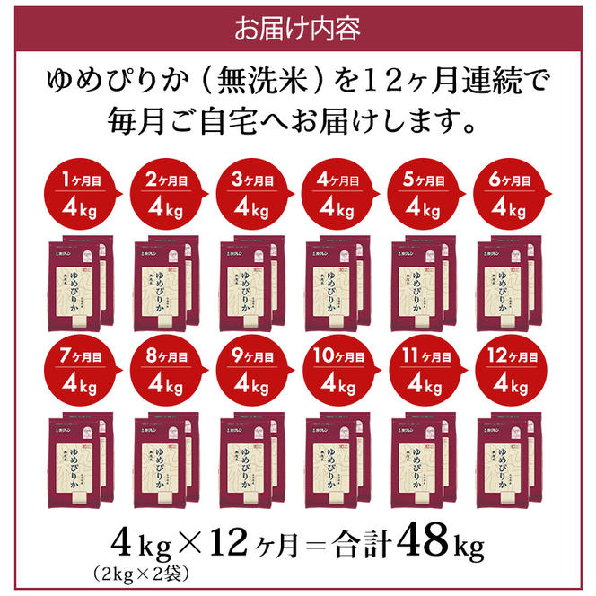 12ヵ月 定期便 (無洗米4kg)ホクレンゆめぴりか(無洗米2kg×2袋)袋はチャック付 米 お米 白米 ごはん ご飯 ライス 和食 炭水化物 主食 おにぎり お弁当  [JA新おたる] 