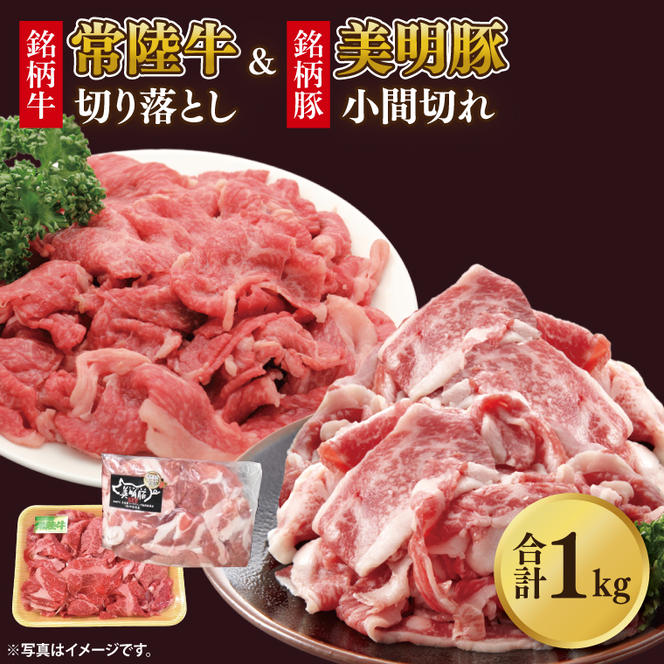 美明豚小間切れ＆常陸牛切り落とし 計1kg(各約500g×1)｜肉 お肉 牛肉 肉類 牛肉 常陸牛 美明豚 切り落とし 小間切れ セット アソート ブランド 使い切り 少量 茨城県 行方市(DH-32)