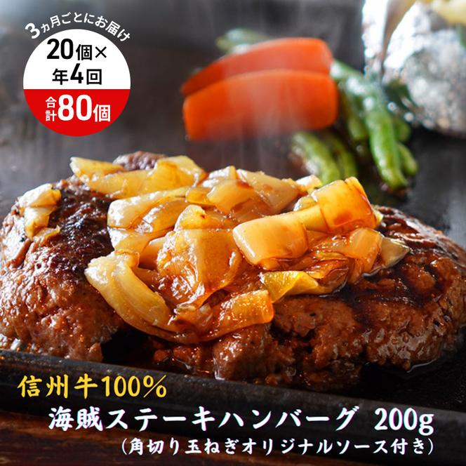 【4回 定期便 ／3ヵ月ごとにお届け】 海賊ステーキハンバーグ 200g×20個 ハンバーグ ソース付き 信州牛100% 長野 信州 小諸 繋ぎなし 冷凍 個包装