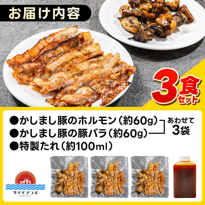 ～最強の鹿島アントラーズサポーター応援メシ～ かしまし豚のホルモン×豚バラ丼 3食セット 特製だれ付き（炭火焼）【かしまし豚 ホルモン 豚バラ 食べ比べ セット】（KDQ-10）